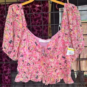 Astr Pink Floral Women's Peasant Crop Top